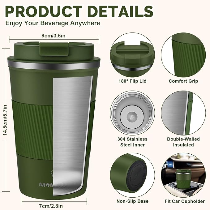 MOMSIV 12oz Travel Mug, Insulated Coffee Cup with Leakproof Lid, Vacuum Stainless Steel Double Walled Reusable Tumbler for Hot and Cold Water Coffee and Tea In Travel and Car Armygreen 380ML