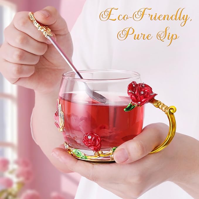 Women Glass Tea Coffee Pretty Cup Set Cute Mug Wife Birthday Wedding Anniversary Her Unique Gift Over 20 25 30 40 50 55 60 65 70 Year Old 30th 40th 50th 55th 60th 45th Brides Bridal Shower Engagement