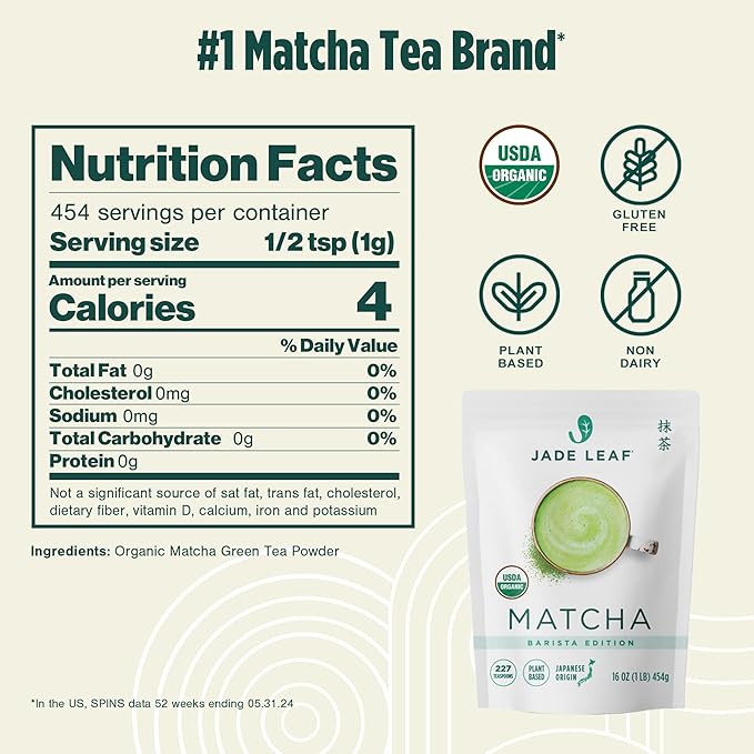 Jade Leaf Matcha Organic Barista Blend Ceremonial Grade Matcha Green Tea Powder - 100% Pure Japanese First Harvest Green Tea for Lattes from Uji and Kagoshima, 454g / 16 Ounce Bulk Pouch (Pack of 1)