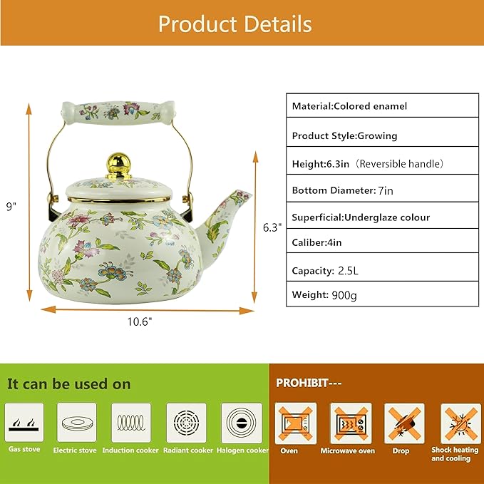 Floral Enamel Tea Kettle Bohemian Gold Beige Teapot Vintage Boho Hot Water Coffee Kettle Pot 2.5L Porcelain Tea Pot Retro Pot Stovetop Kitchen Home Decor