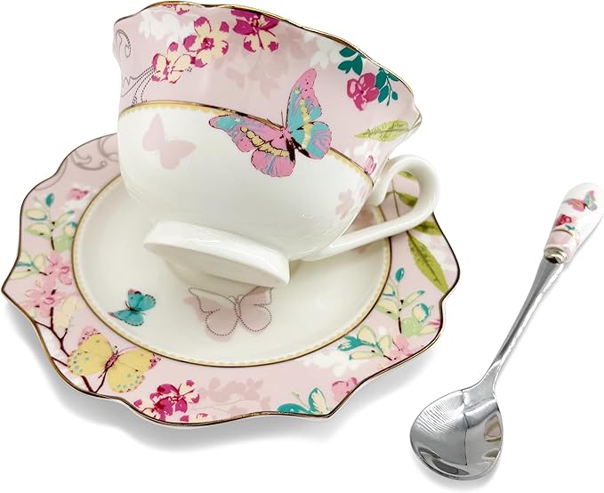 Vintage Ceramic Teacup, Elegant Coffee Cup with Spoon and Saucer Set, Royal Bone China Tea Cups (Pink)