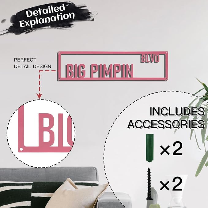 Metal Wall Art Decor Big Pimpin Blvd Metal Signs Street Sign with Letter Gift for Women Pink Room 16 x 4 Inches - Image 3
