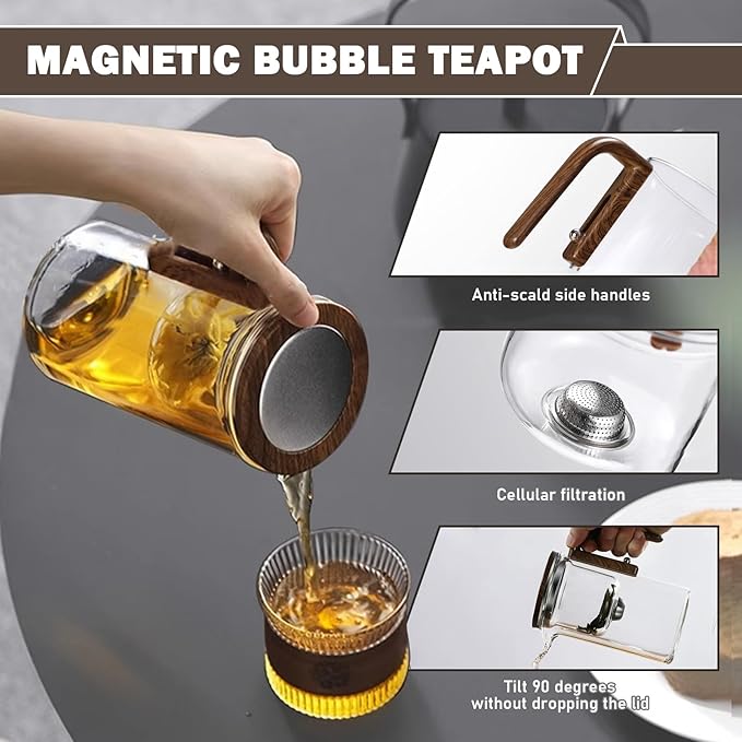 Enchanti Tea Pot with Infusers for Loose Tea, 800ml/27.1oz Magic Teapot Infuser Pot, Water Separation Glass Teapot with Wooden Handle