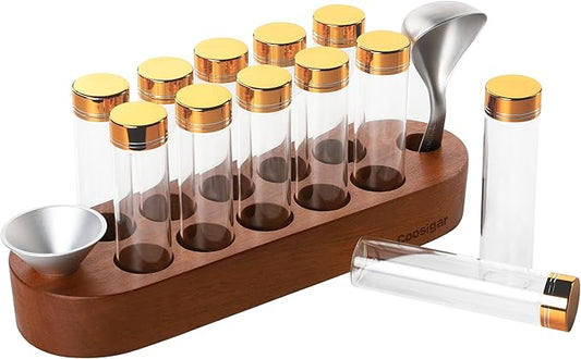Coffee Bean Container, Single Dose Coffee Bean Storage,10PCS Coffee bean cellar container with wooden stand and funnel coffee spoon.(rose gold lids)
