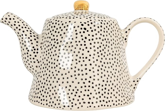 White Stoneware Teapot with Black Speckles & Gold Electroplating