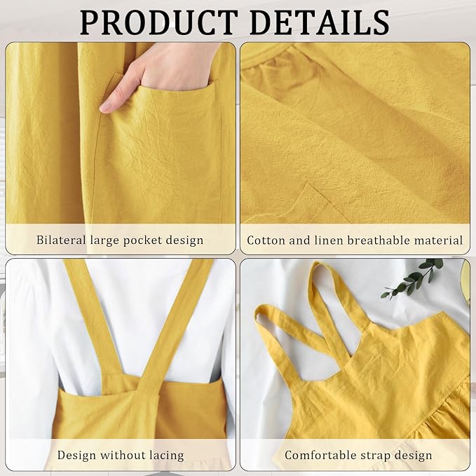 Cotton Linen Cross Back pinafore Apron Dress for Women with Pockets for Cooking Cleaning - Crossback Apron - Yellow - without Waist Ties - Image 6