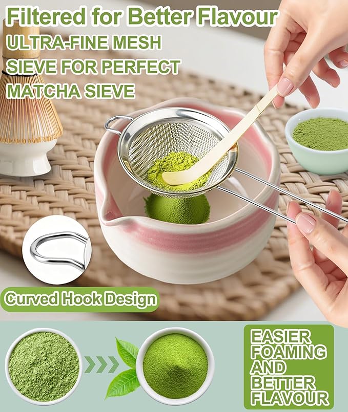 JBER Matcha Whisk Set, Ceramic Matcha Set Includes Bowl & Holder, Bamboo Whisk (Chasen), Sifter, Scoop, Spoon & Rest - 7PCS Matcha Kit Gift for Matcha Lovers & Beginners, Gradient Pink