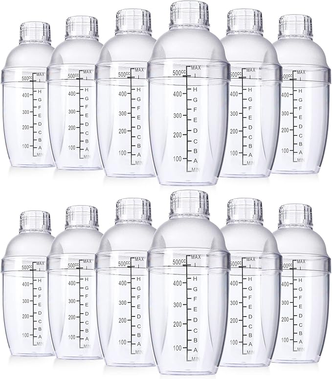 Lallisa 12 Pcs Plastic Cocktail Shaker Drink Mixer with Scales and Strainer Top Clear Shaker Cup with Measurement Plastic Mixing Tool for Tea Coffee Bubble Tea Milk(550 Cc/ 19 oz)