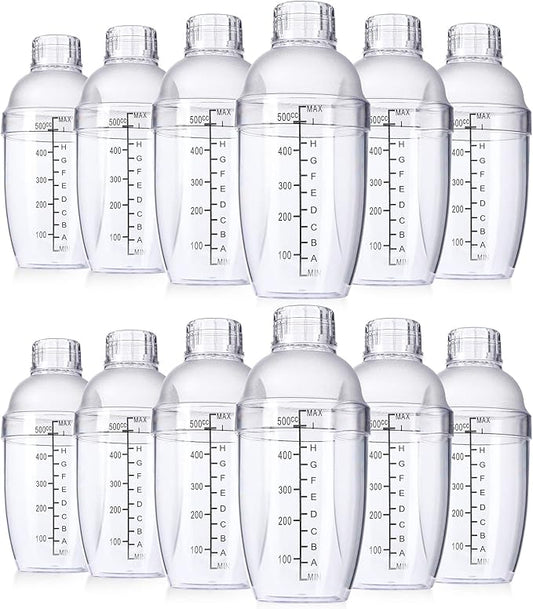Lallisa 12 Pcs Plastic Cocktail Shaker Drink Mixer with Scales and Strainer Top Clear Shaker Cup with Measurement Plastic Mixing Tool for Tea Coffee Bubble Tea Milk(550 Cc/ 19 oz)