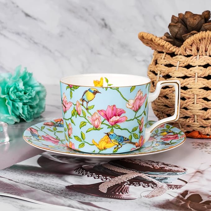 Vintage 8 Ounces Teacup and Saucers Set Floral Tea Cups Set Bone China TeaCups Coffee Tea Cup for Tea Party Women Mom (Blue)
