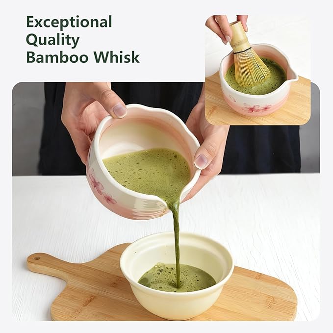 7PCS Matcha Whisk Set, Sakura Cherry Bloosm Matcha Kit Gift for Women Birthdays Mom Girls Kids and Matcha Tea Lover, with Bamboo Whisk, Holder, Bowl, Scoop, Sifter, Towel, and Elegant box