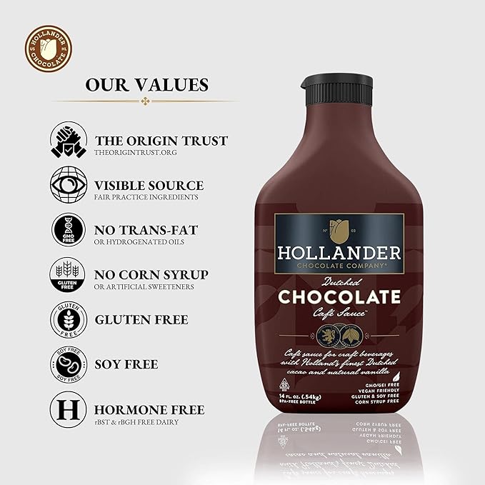 Hollander Dutched Chocolate Cafe Sauce | Vegan Friendly, GMO-Free, Gluten/Soy Free, Corn Syrup Free | 15 fl. oz. Squeeze Bottle - Image 4