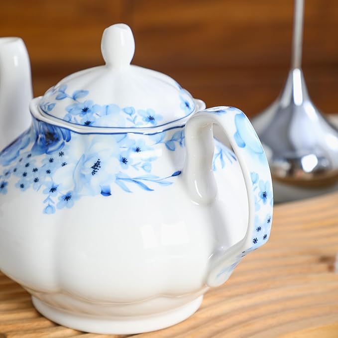 27oz Floral Porcelain Teapot with Blue Rose Pattern, Ceramic Small Teapot for Loose Leaf & Tea Bags, Dishwasher Safe, Classic Design for Daily Tea & Gift Giving