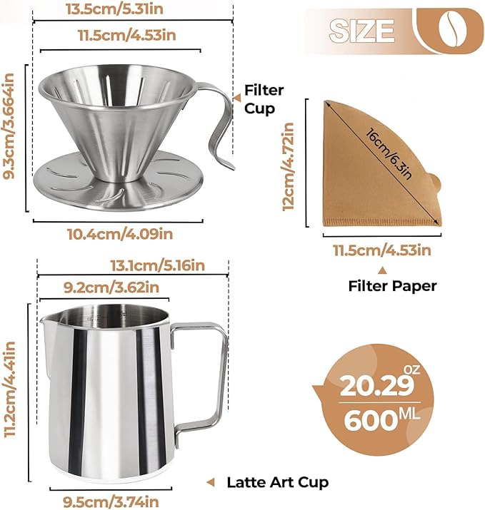 Pour Over Coffee Maker 600ml Milk Frothing Pitcher 304 Thickened Stainless Steel Drip Coffeemaker Set with 50pcs V60 Cone Paper Filters Hand Brew Dripper Carafe for Home Camping Travel 20oz
