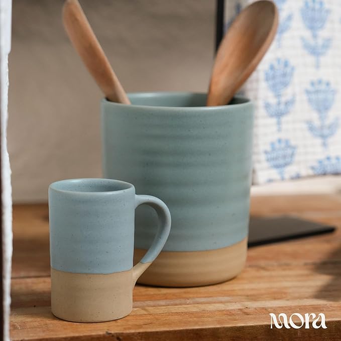 MORA Ceramics Tea Cup with Loose Leaf Infuser, Spoon and Lid, 12 oz, Microwave and Dishwasher Safe Coffee Mug - Rustic Matte Ceramic Glaze, Modern Herbal Tea Strainer - Great Gift for Women, Iris