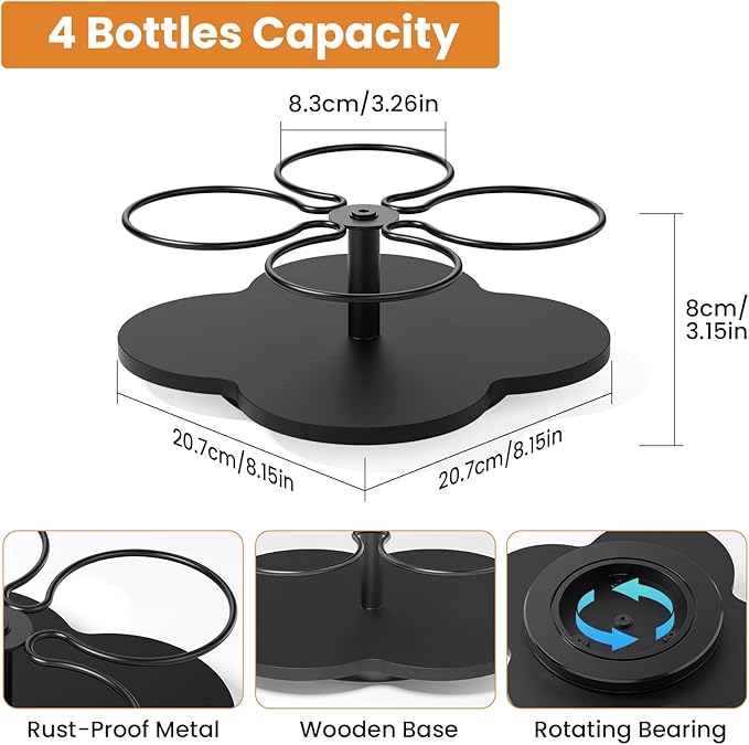 THYGIFTREE Rotating Coffee Syrup Organizer 4 Bottles Syrup Rack Dispenser16.9oz for Countertop Wood Bottle Holder Stand for Coffee Bar Station, Black