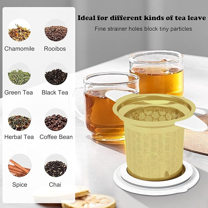 Tea Infuser for Loose Leaf Tea, Extra Fine 304 Stainless Steel Tea Strainer Stepper with Heat-Resistant Silicone Handles and Lid, Large Capacity Tea Basket Filter for Mug, Cup (Gold)