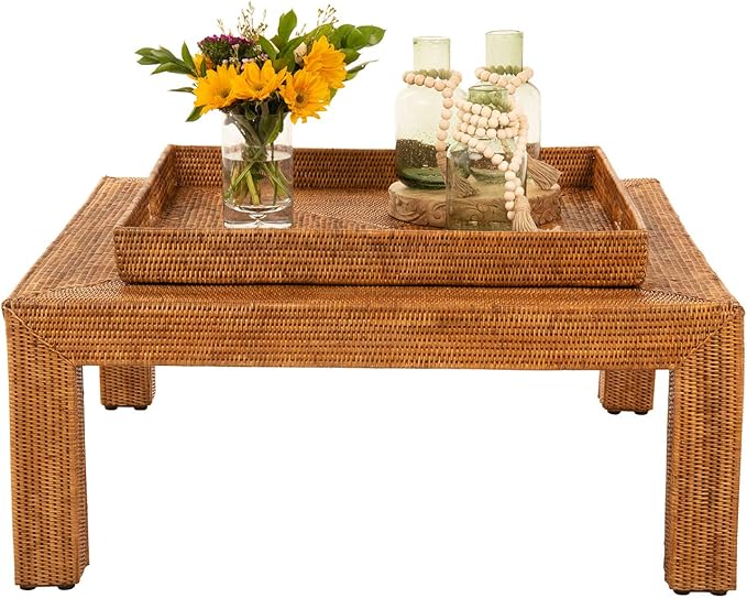 KOUBOO La Jolla Rattan Tray, Square Woven Tray - Decorative Coffee Table, Breakfast Tray, Home Decor, Serving & Basket Style, Extra Large, Honey-Brown