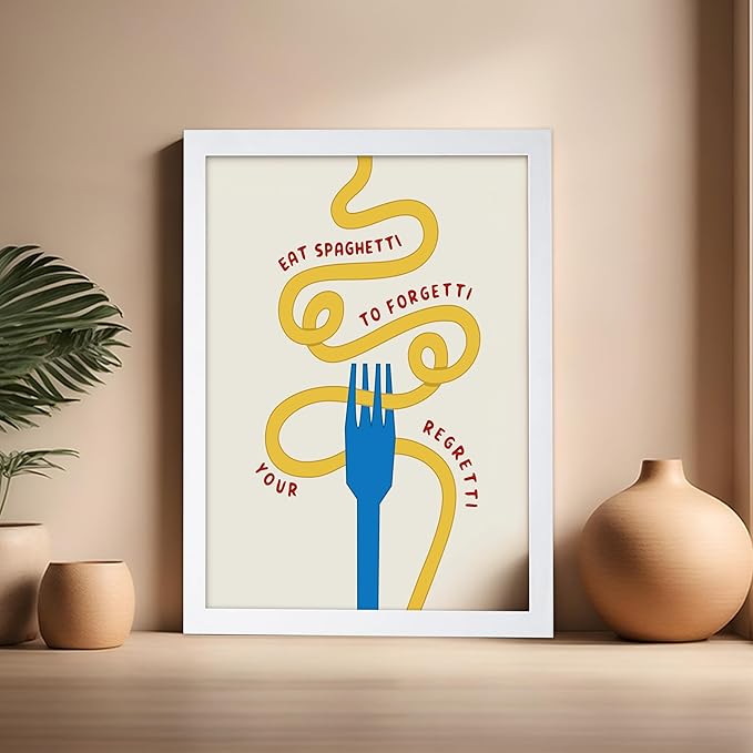 Poster Master Spaghetti Poster - Eat Spaghetti To Forgetti Your Regretti Print - Food & Drink Art - Gift for Chef, Cook - Fun Decor for Restaurant, Kitchen, Dining Room, 16x20 White Framed