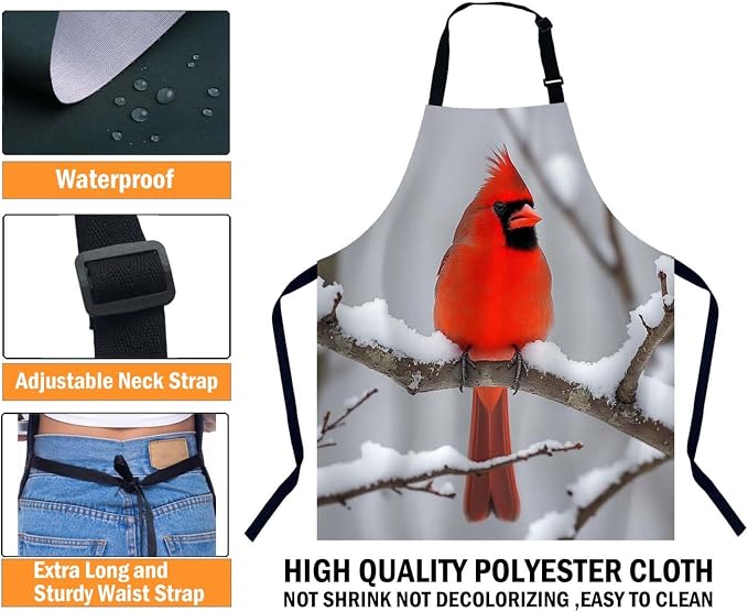 Red Cardinal Waterproof Apron Kitchen Chef Aprons Bibs for Grooming Cooking Baking Painting Gardening - Image 3