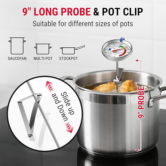 TempPro Candy Thermometer with Pot Clip, 9" Long Probe Deep Fry Oil Thermometer for Frying & Candy Making, Fryer Cooking Thermometer for Chocolate, Caramel, Brewing & Baking (Previously ThermoPro)
