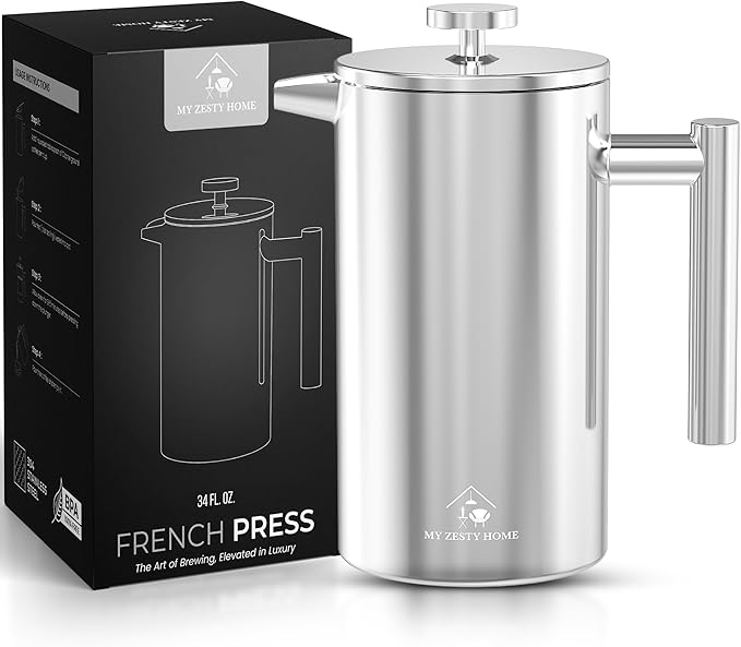 French Press Coffee Maker 304 Stainless Steel 34 Oz Large Double-Walled Insulated French Press 3 Level Filtration System For Kitchen, Camping & Gifting in Premium Box - Dishwasher Safe