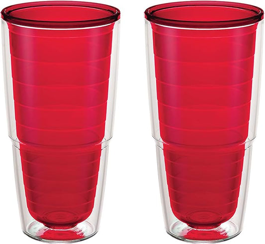 Tervis Clear & Colorful Tabletop Made in USA Double Walled Insulated Tumbler Travel Cup Keeps Drinks Cold & Hot, 24oz - 2pk, Red