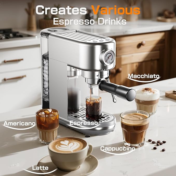 Espresso Machine, 20 Bar Compact Espresso Coffee Machine with Milk Frother, Stainless Steel Coffee Maker with 44oz Removable Water Tank & Fast Heat System for Cappuccino, Latte