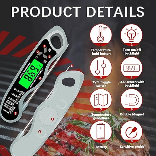 Meat Thermometer Digital，IP67 Waterproof Cooking Thermometer with Backlight, Calibration & Hold Function，Food Thermometer for Cooking,Outdoor Grilling
