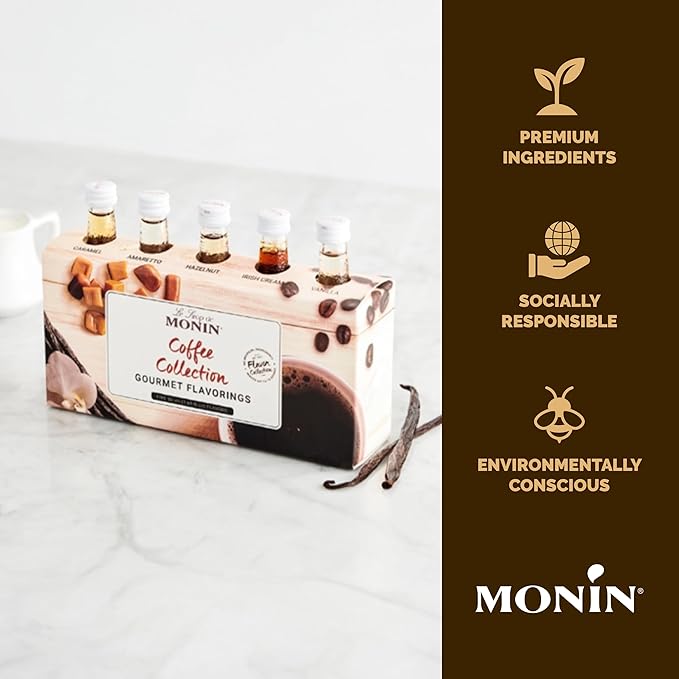 Monin - Gourmet Flavorings Coffee Collection (Caramel, Amaretto, Hazelnut, Irish Cream, Vanilla) | Clean Label, No Artificial Flavors, No Artificial Preservatives (5-pack, 50 ml each)