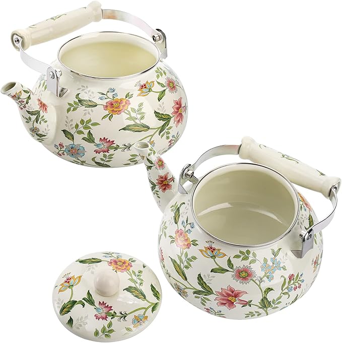 Jucoan 2.6 Quart Vintage Enamel Tea Kettle, Green Floral Enamel on Steel Teapot with Cool Touch Porcelain Handle for Stovetop Home Kitchen Decor, Gift for Housewarming Christmas New Year