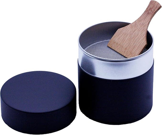 Lacquer-Coated Matcha Tea Sifter Canister with Bamboo Paddle : Matte Black, Japan