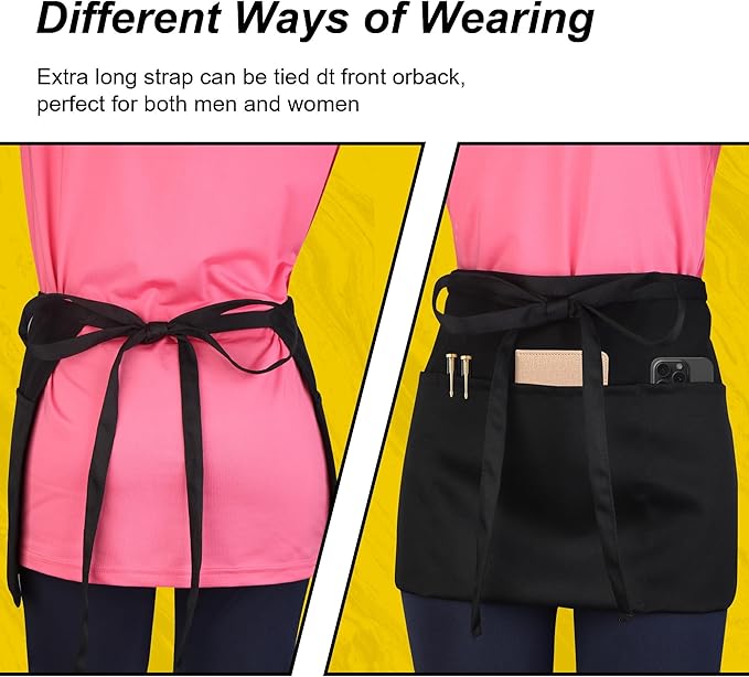 Server Waitress Waist Apron - Half Apron with 3 Pockets,Black Short Aprons for Servers,Waiter Apron