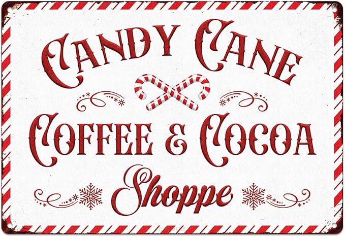 Christmas Signs Home Decor Vintage Art Poster Metal Hanging Plaque Kitchen Cafe Bar Farmhouse Porch Yard Outdoor Indoor Decorations Funny Xmas Gift 8X12 Inch (Candy Cane Coffee Cocoa Shoppe Sign) by WEGUZIX