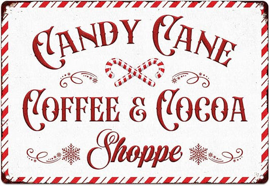 Christmas Signs Home Decor Vintage Art Poster Metal Hanging Plaque Kitchen Cafe Bar Farmhouse Porch Yard Outdoor Indoor Decorations Funny Xmas Gift 8X12 Inch (Candy Cane Coffee Cocoa Shoppe Sign) by WEGUZIX