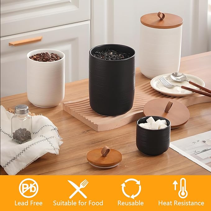 Food Storage Jar Strong Ceramic Storage Canisters with Airtight Wooden Lid,Kitchen Storage Containers for Serving Coffee Beans, Tea, Sugar, Salt, Spices (Big black 44 oz)