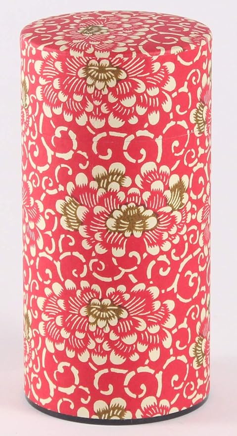 Washi Paper Tea Tin Canister: Long 7oz (200g) Fiery Chrysanthemum (#115), Japan