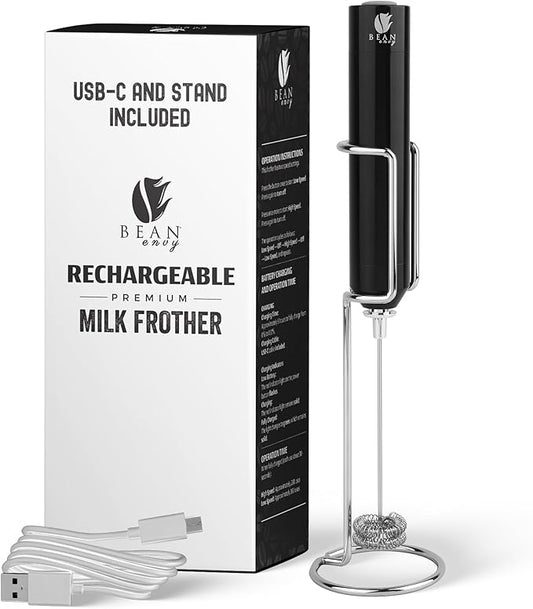 Bean Envy Rechargeable Milk Frother Handheld, Aluminium Coffee Frother Handheld with Stainless Steel Frother Wand, Best Coffee Frother Gift | Adjustable Speed Frother (USB C Cable and Stand Included)