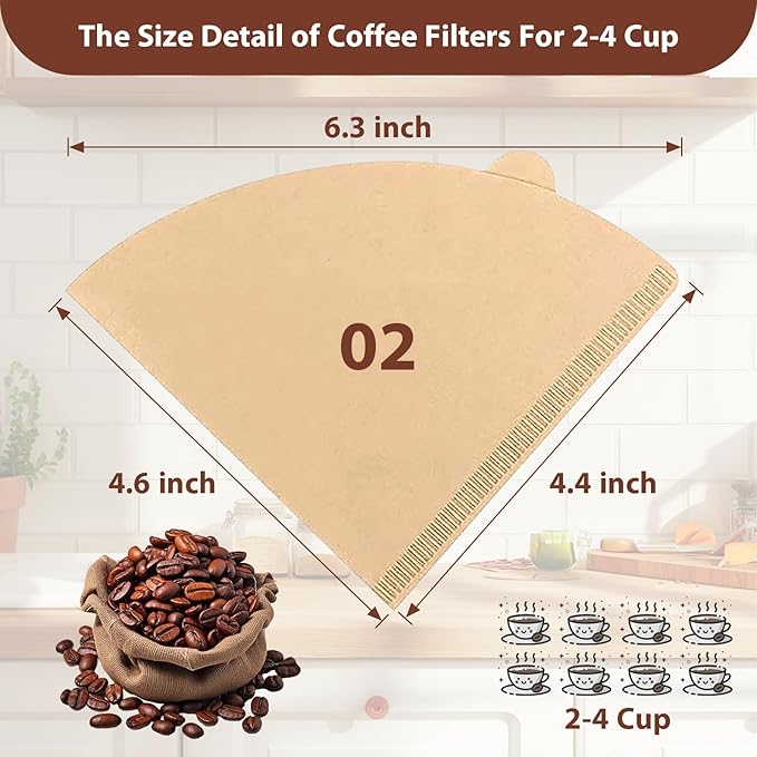 200 Count Coffee Filters V-60, Disposable Cone Coffee Filters 2-4 Cup, Unbleached Natural Paper Size 02 Paper Filters for Pour Over and Drip Coffee Maker