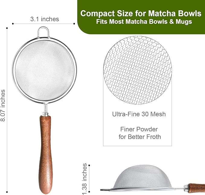 Matcha Sifter - Precision 30-Mesh Stainless Steel Fine Powder Strainer, 3-Inch Small Metal Sieve for Tea Ceremony & Cocoa, Hand Wash Recommended(Natural Wood Handle)