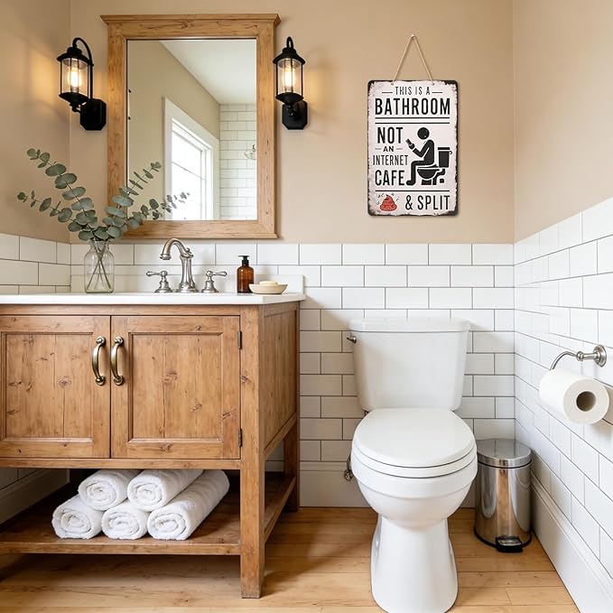 Funny Bathroom Signs, Wooden Bathroom Wall Art Decor, Vintage Farmhouse Restroom Wall Pictures For Home