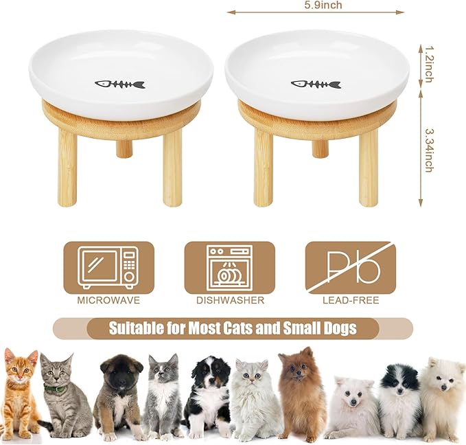 Shallow Elevated Cat Bowls with Bamboo Stand, 5.9 Inch Wide Ceramic Cat Dish Whisker Friendly, 2 Pack Pet Food and Water Plates