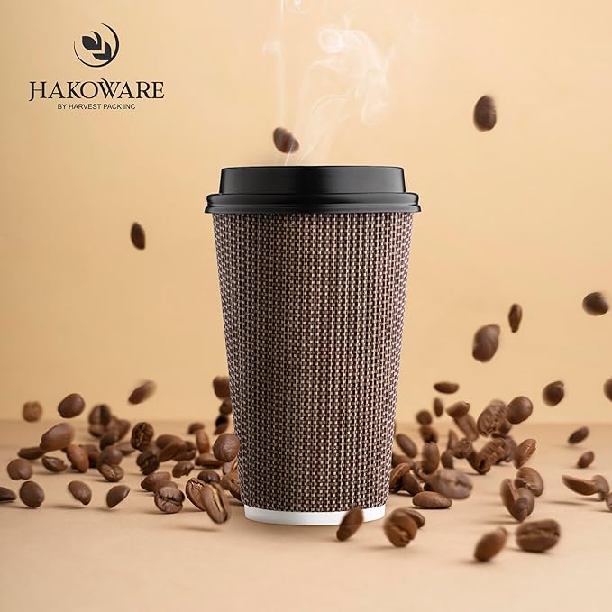 [85 SET]Harvest Pack 16 oz Disposable Coffee Cups, Insulated Ripple Double-Walled Paper Cups with Lids, Brown Geometric, Drinking Cups for Tea Hot Chocolate Drinks To go coffee cups