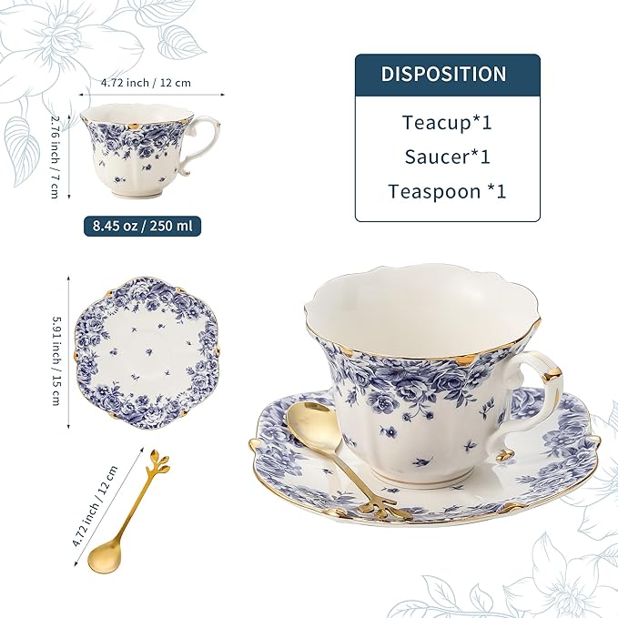 Country Roses Porcelain Tea Cup and Saucer Set with Gold Trim, Vintage Style, For Women and Tea Parties (1, Sky Blue)