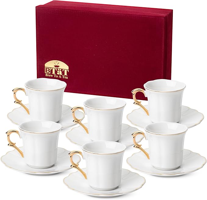 BTaT- Turkish Coffee Cup Set, 3 oz, 6 Pairs (12 pcs), Elegant White Cups & Saucers with Gold Trim & Gift Box, Small Porcelain Espresso Set for Serving Greek, Arabic & Turkish Coffee, Gift Giving