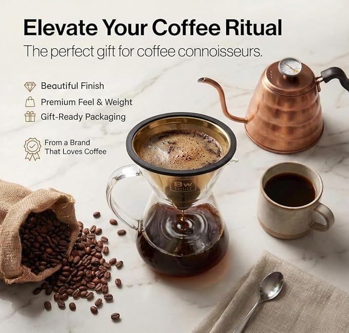 Barista Warrior Reusable Coffee Filter - Stainless Steel Pour Over Dripper, Compatible for Chemex, Hario V60 & Drippers, Easy to Clean Flavorful Brew Fine Mesh Coffee Filter - Gold Titanium Coated