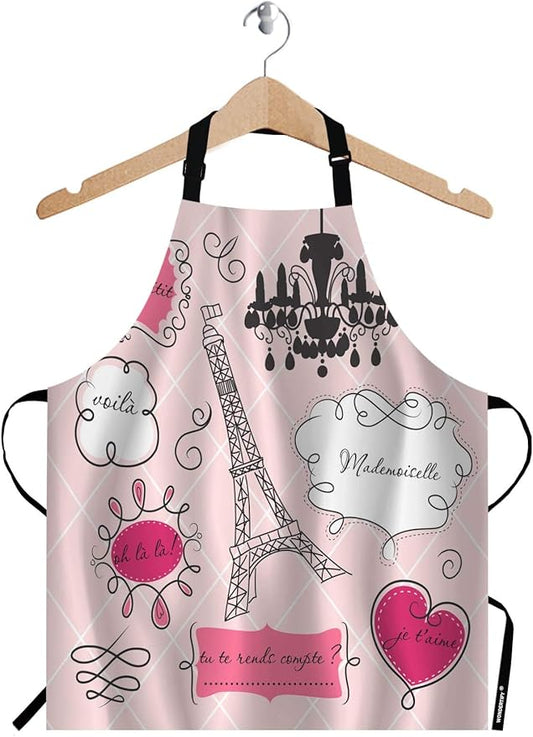 Wondertify Doodle Frames in French Style Apron,Paris Glamorous Eiffel Tower Lovely Element Pink Bib Apron with Adjustable Neck for Men Women,Suitable for Kitchen Cooking Chef Grill Bistro Baking Apron