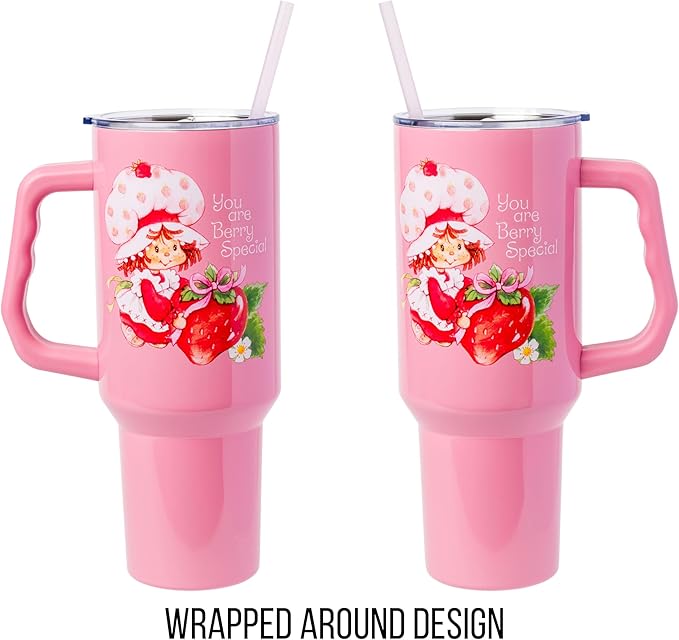 Silver Buffalo Strawberry Shortcake “You are Berry Special” Stainless Steel Tumbler with Handle, Fits in Standard Cup Holder, 40 Ounces