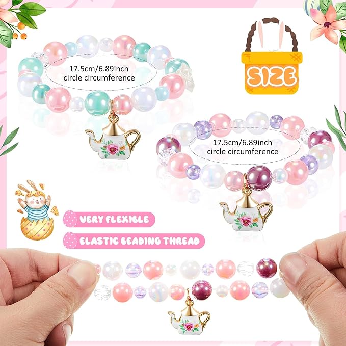 Ecally 12 Pcs Tea Party Favors Bracelet Bulk Tea Pot Beaded Easter Bracelet Party Supplies Pendant Accessories Princess Decorations for Kids Girl