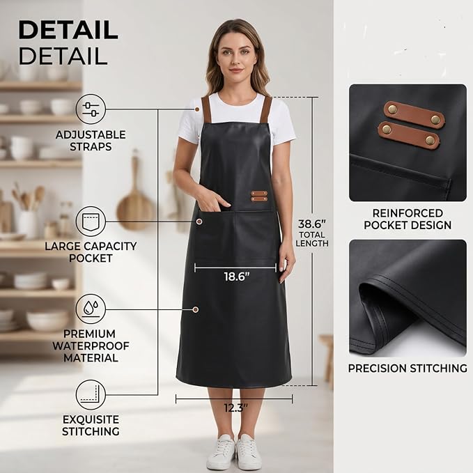 Waterproof Apron Large Pocket PU Material Waterproof Oil-proof Dust-proof Apron Black and Red - Image 3